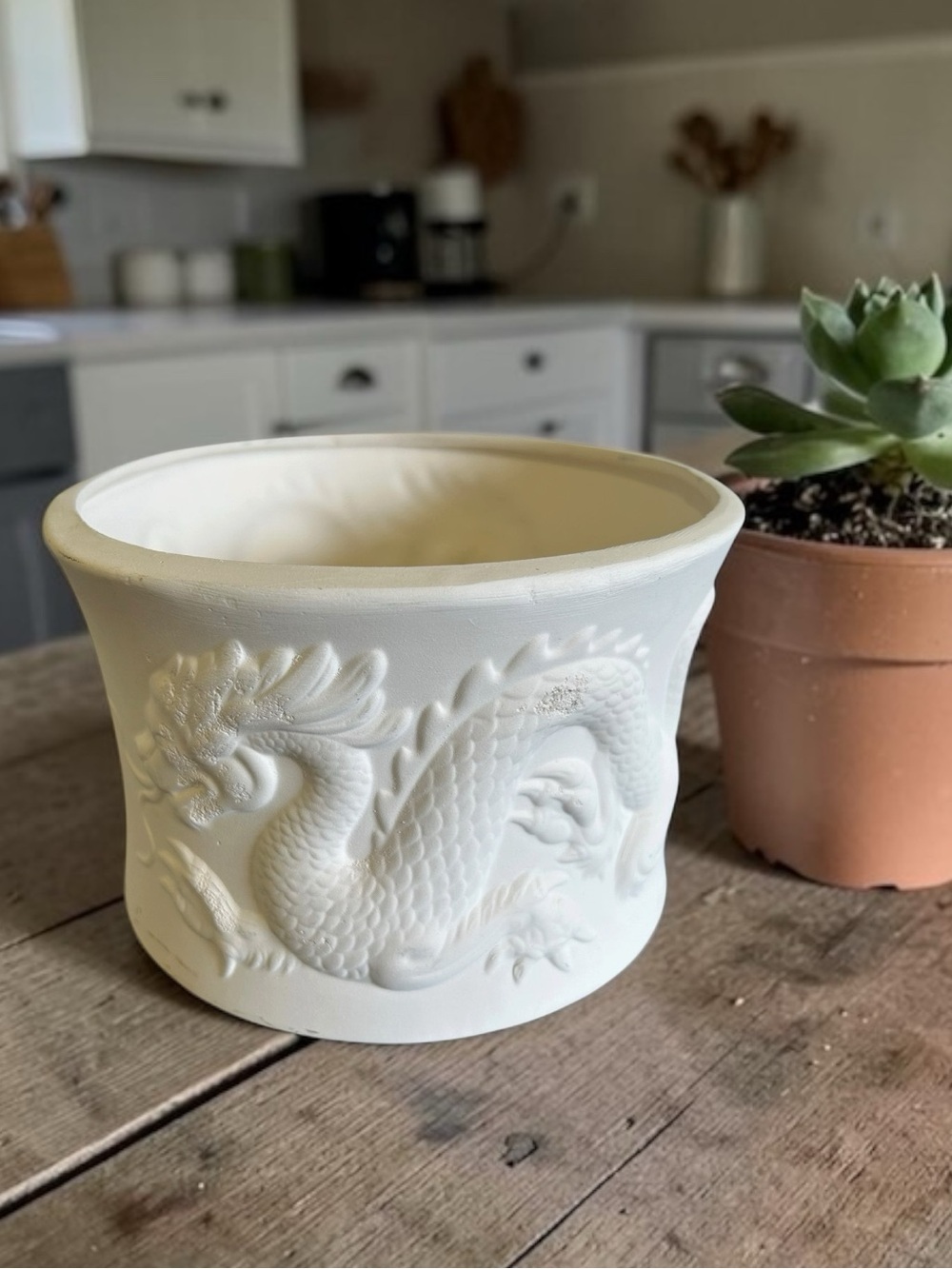 Vintage Unglazed White Ceramic Dragon Pot – 7" Embossed Planter